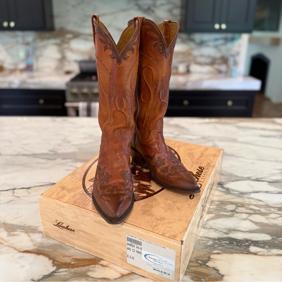 Lucchese Women’s Tall Chocolate + Saddle Brown Leather Cowboy Boots with Inlay - Picture 13 of 14